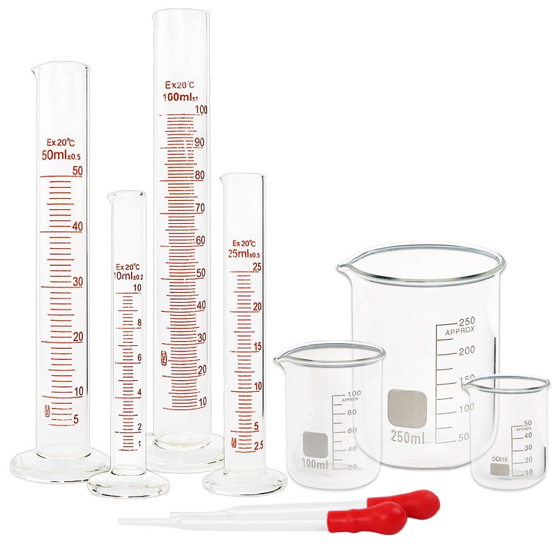 SUPERLELE Glass Graduated Cylinder Set 10ml 25ml 50ml 100ml, Thick Glass Beaker Set 50ml 100ml 250ml with 2 Droppers - Image 1
